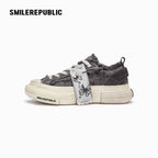 Grey Frayed Canvas Platform Sneakers, Unisex Low Top Lace Up Shoes