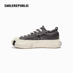 Grey Frayed Canvas Platform Sneakers, Unisex Low Top Lace Up Shoes