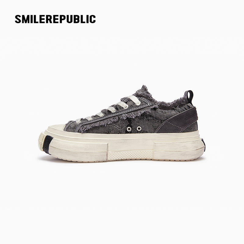 Gray Fringe Fabric Low-Top Platform Sneakers with Rubber Sole