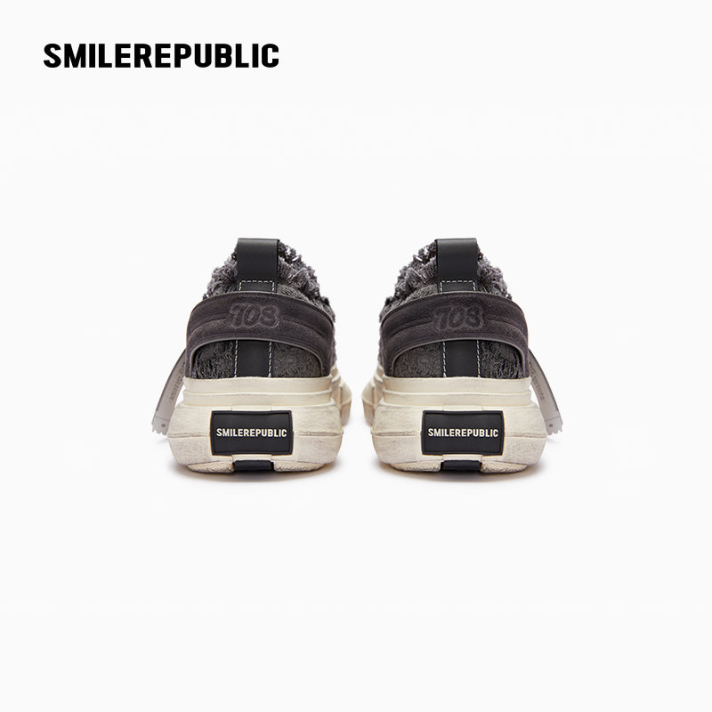 Gray Fringe Fabric Low-Top Platform Sneakers with Rubber Sole