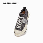 Grey Frayed Canvas Platform Sneakers, Unisex Low Top Lace Up Shoes