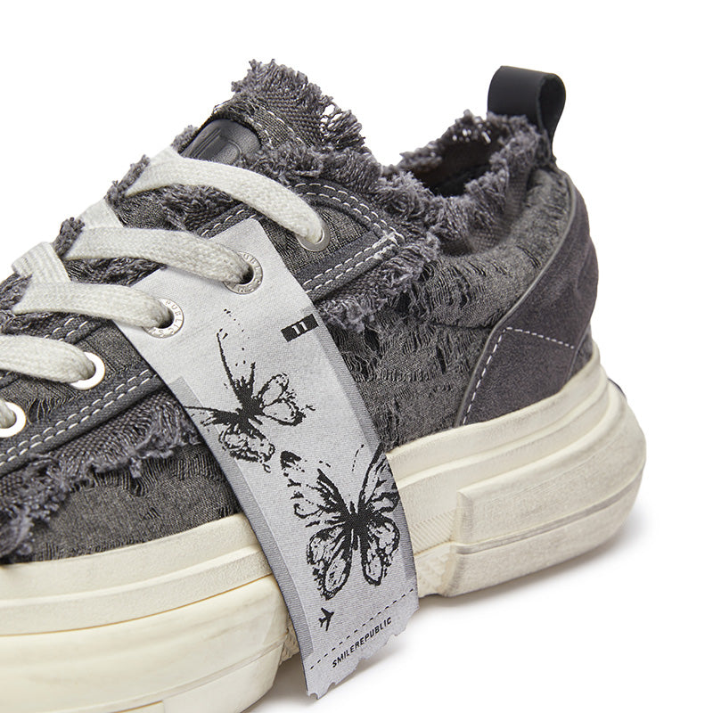 Gray Fringe Fabric Low-Top Platform Sneakers with Rubber Sole