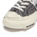 Grey Frayed Canvas Platform Sneakers, Unisex Low Top Lace Up Shoes
