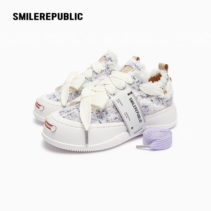 Lavender Plaid Tweed Low-Top Platform Sneaker