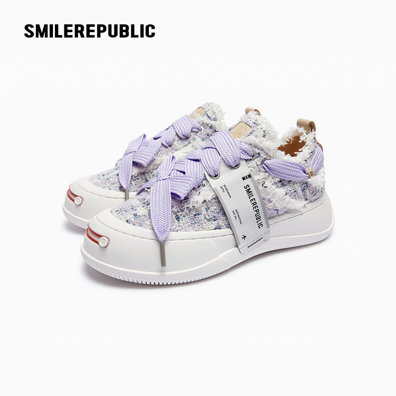 Lavender Plaid Tweed Low-Top Platform Sneaker