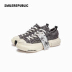 Grey Frayed Canvas Platform Sneakers, Unisex Low Top Lace Up Shoes