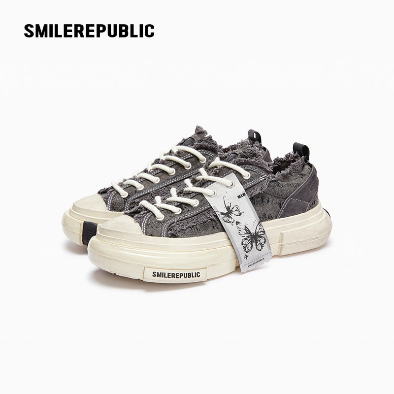 Gray Fringe Fabric Low-Top Platform Sneakers with Rubber Sole