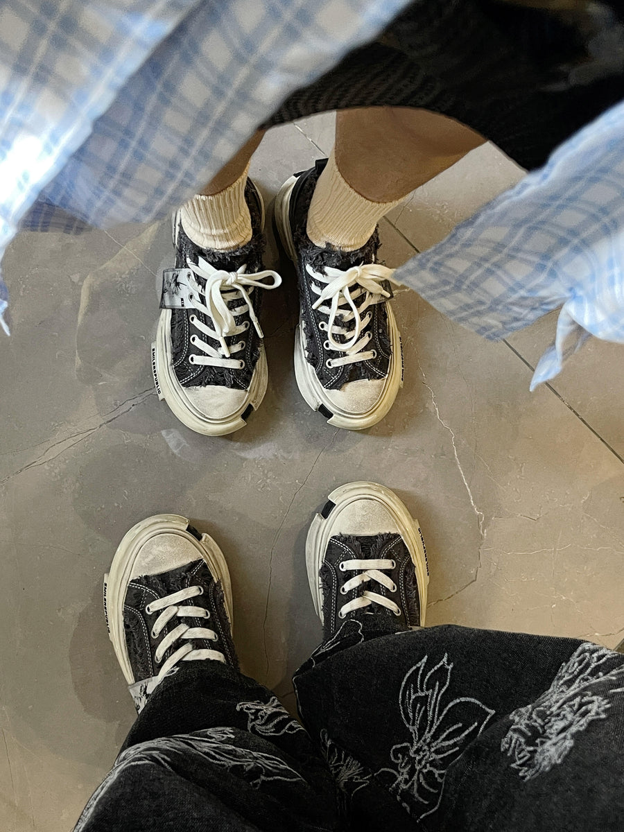 Gray Frayed Canvas Chunky Platform Sneakers, Unisex Low Top Lace-Up Casual Streetwear Shoes 详情图 5