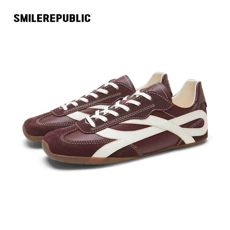 Burgundy Bow Side Detail Square Toe German Trainer Sneakers, Low Top Lace Up