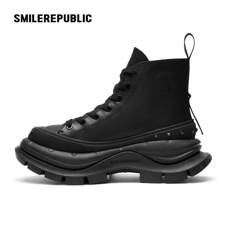 Black Smile Toe High-Top Chunky Platform Sneakers, Unisex Lace-Up Shoes