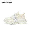 Cream White Frayed Canvas Smile Toe Platform Sneakers, Unisex Lace Up Shoes