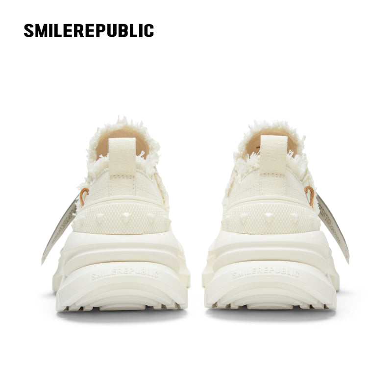 Cream White Frayed Canvas Smile Toe Platform Sneakers, Unisex Lace Up Shoes