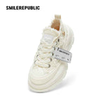 Cream White Frayed Canvas Smile Toe Platform Sneakers, Unisex Lace Up Shoes