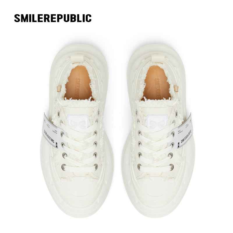 Cream White Frayed Canvas Smile Toe Platform Sneakers, Unisex Lace Up Shoes
