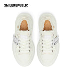 Cream White Frayed Canvas Smile Toe Platform Sneakers, Unisex Lace Up Shoes