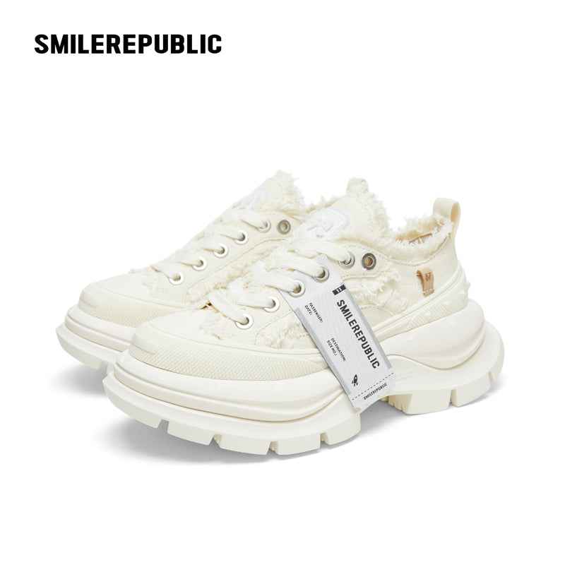 Cream White Frayed Canvas Smile Toe Platform Sneakers, Unisex Lace Up Shoes