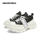Black White Frayed Canvas Smile Toe Platform Sneakers, Unisex Lace Up Shoes