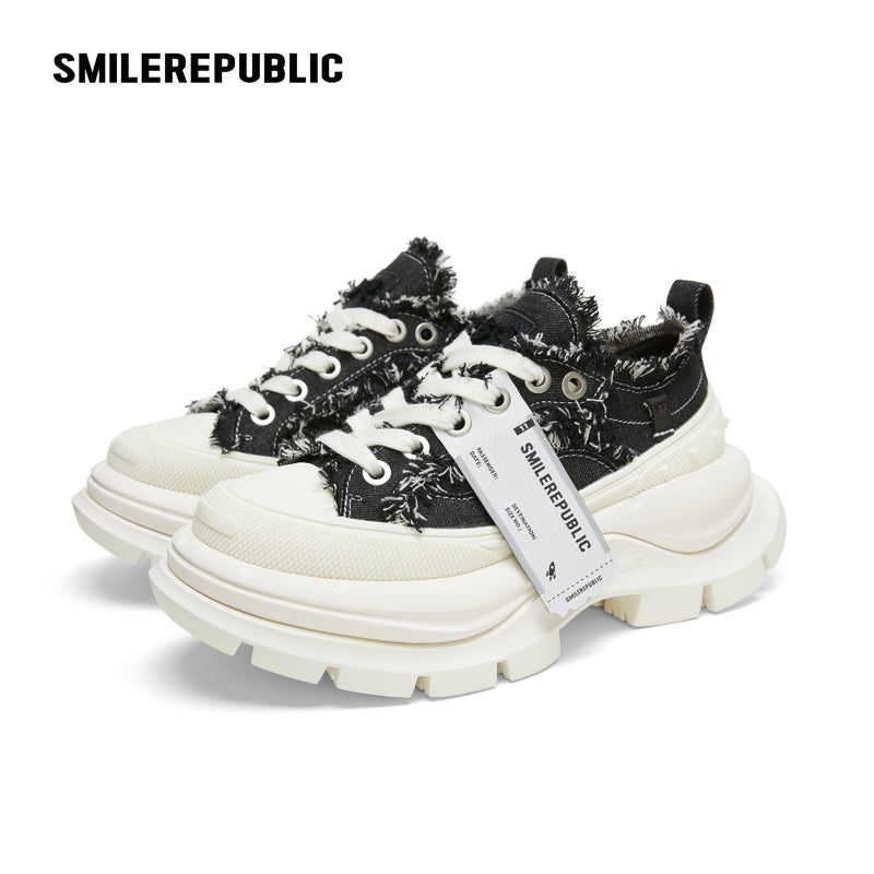 Black White Frayed Canvas Smile Toe Platform Sneakers, Unisex Lace Up Shoes