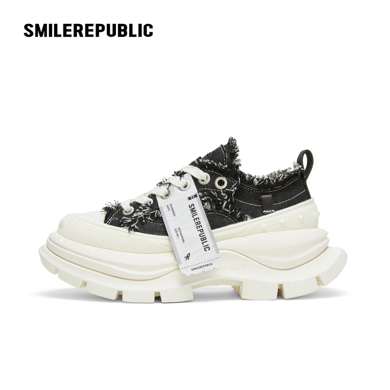 Black White Frayed Canvas Smile Toe Platform Sneakers, Unisex Lace Up Shoes