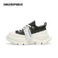 Black White Frayed Canvas Smile Toe Platform Sneakers, Unisex Lace Up Shoes