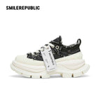 Black White Frayed Canvas Smile Toe Platform Sneakers, Unisex Lace Up Shoes