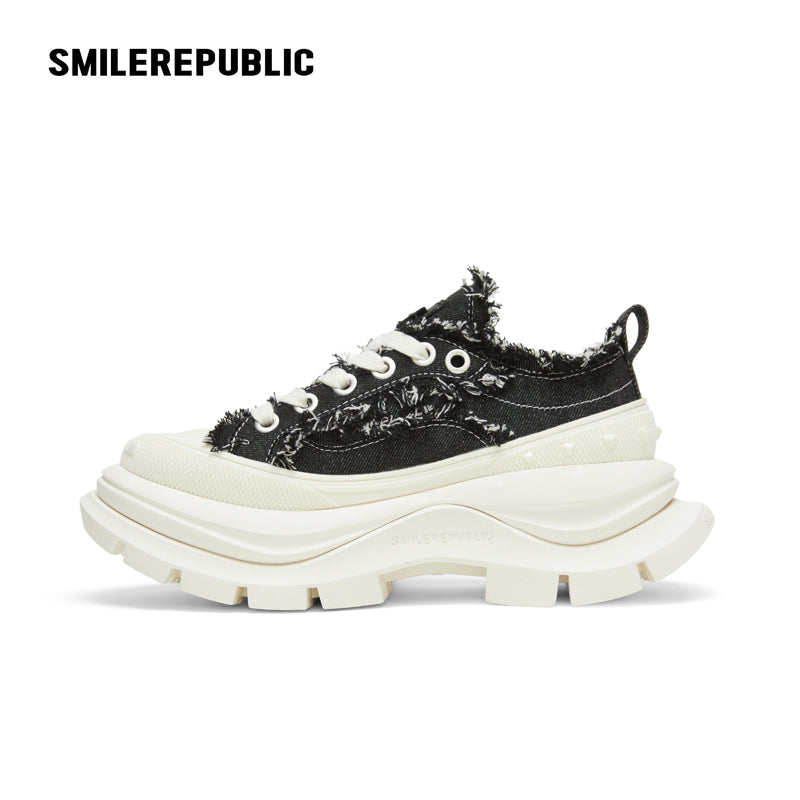 Black White Frayed Canvas Smile Toe Platform Sneakers, Unisex Lace Up Shoes