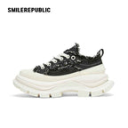 Black White Frayed Canvas Smile Toe Platform Sneakers, Unisex Lace Up Shoes