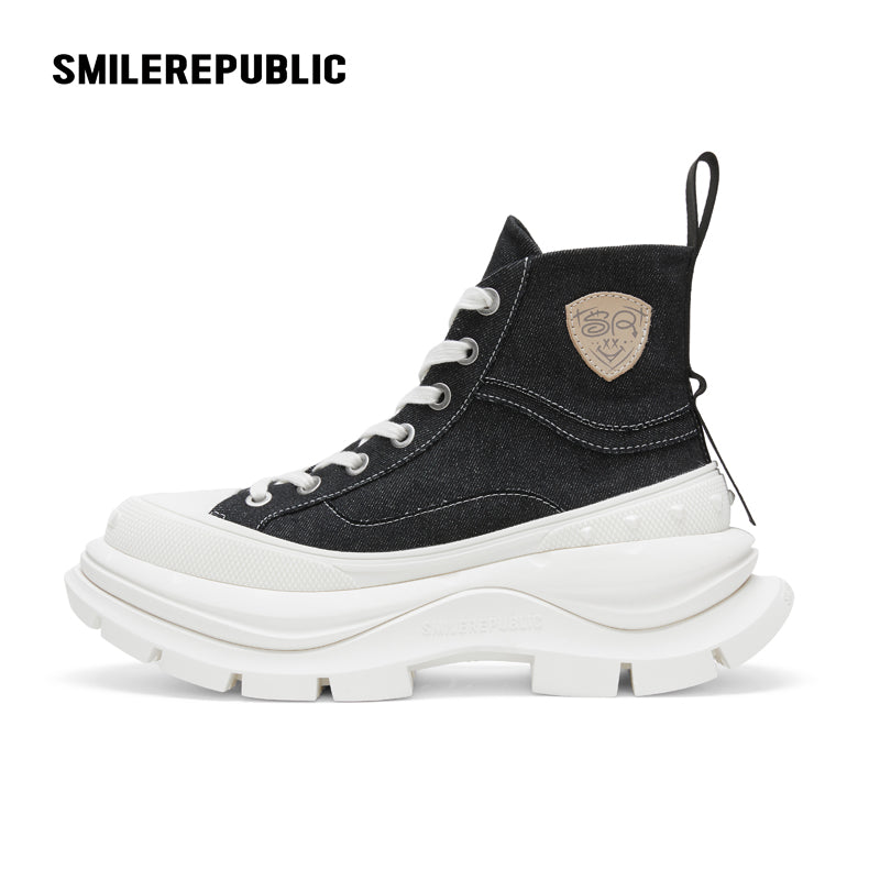 Black Canvas High Top Platform Sneakers, Unisex Chunky Lace Up Shoes
