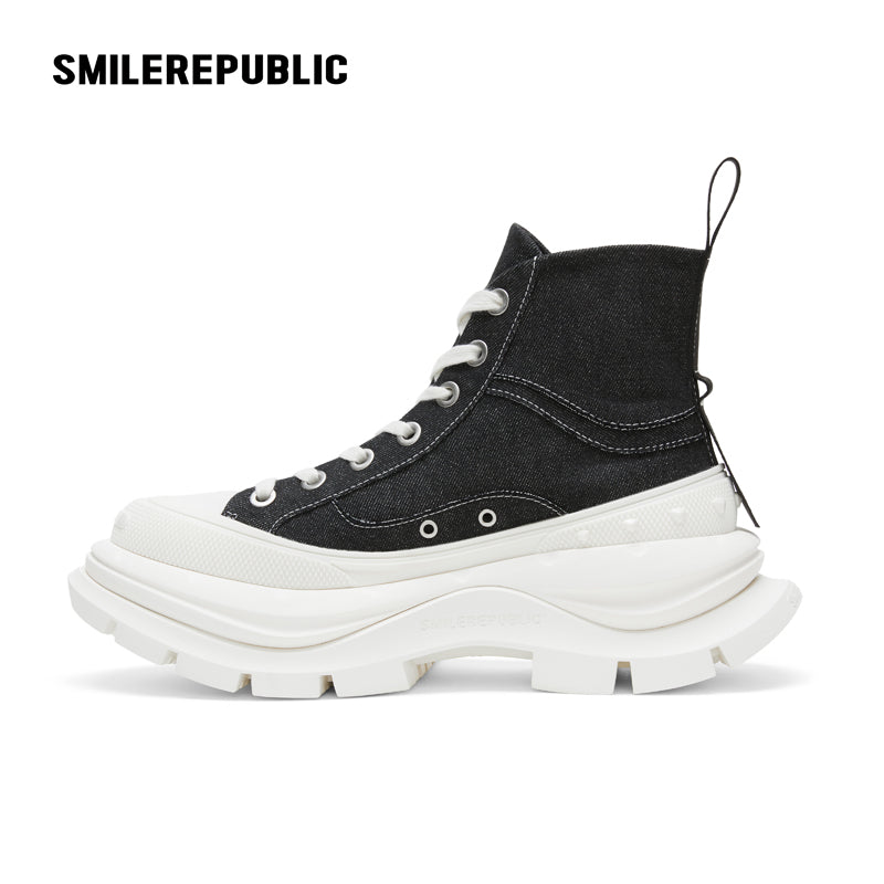 Black Canvas High Top Platform Sneakers, Unisex Chunky Lace Up Shoes