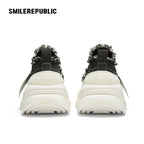 Black White Frayed Canvas Smile Toe Platform Sneakers, Unisex Lace Up Shoes - view 7