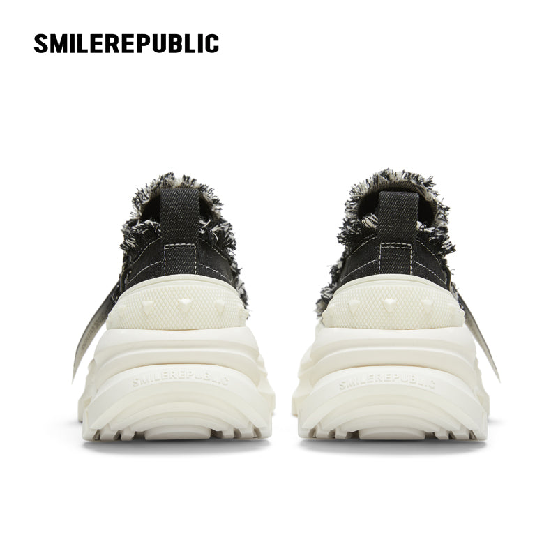 Black White Frayed Canvas Smile Toe Platform Sneakers, Unisex Lace Up Shoes