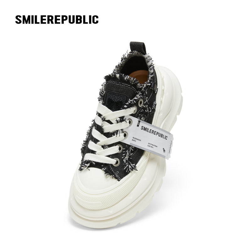 Black White Frayed Canvas Smile Toe Platform Sneakers, Unisex Lace Up Shoes