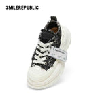 Black White Frayed Canvas Smile Toe Platform Sneakers, Unisex Lace Up Shoes