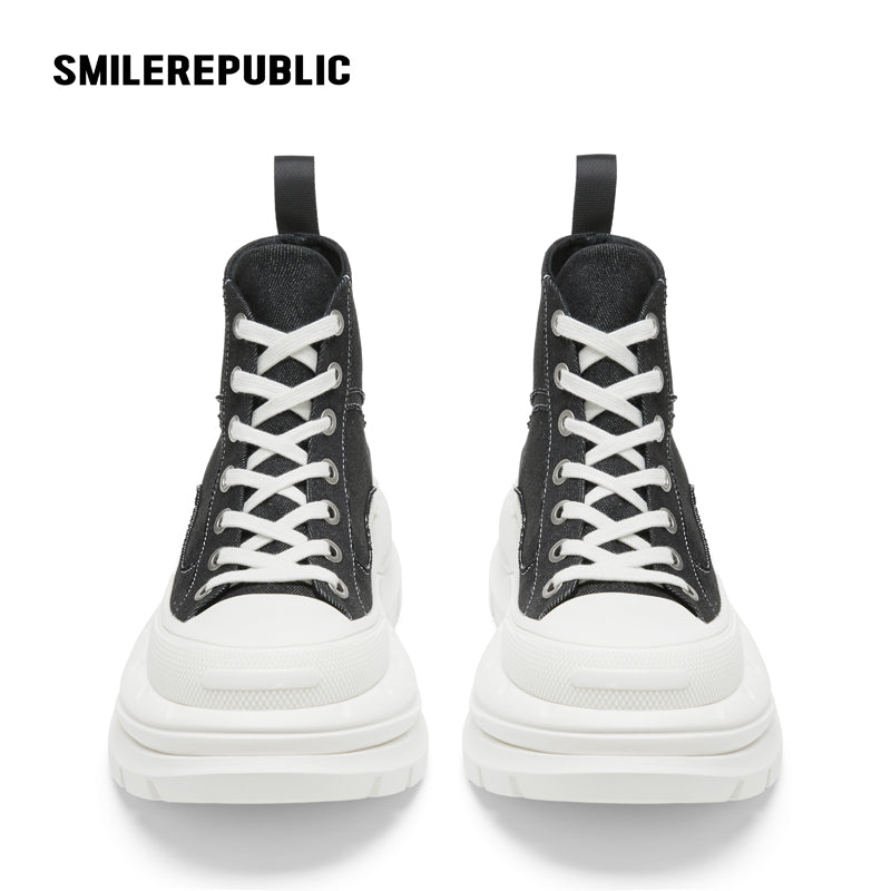 Black Canvas High Top Platform Sneakers, Unisex Chunky Lace Up Shoes