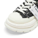 Black White Frayed Canvas Smile Toe Platform Sneakers, Unisex Lace Up Shoes