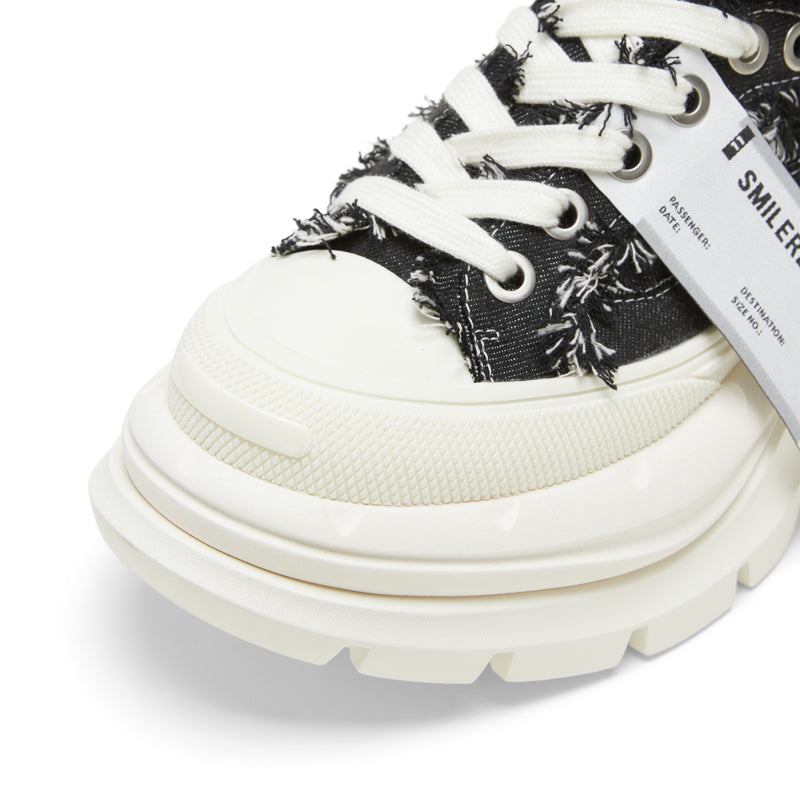 Black White Frayed Canvas Smile Toe Platform Sneakers, Unisex Lace Up Shoes