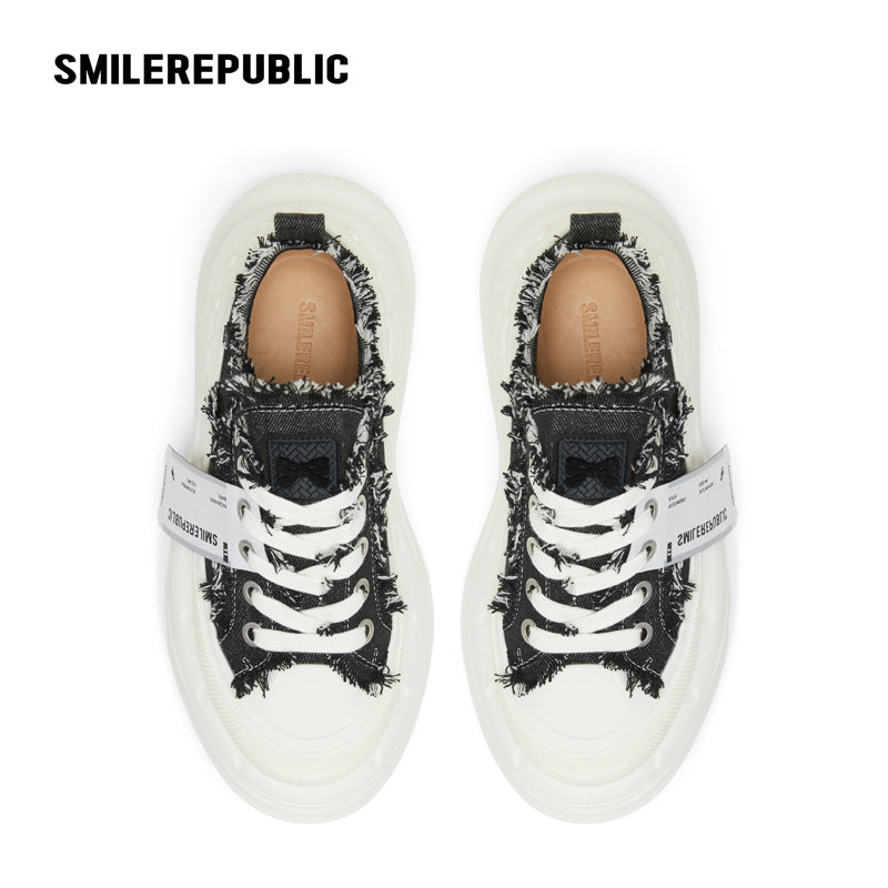 Black White Frayed Canvas Smile Toe Platform Sneakers, Unisex Lace Up Shoes