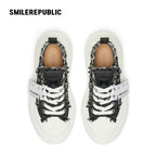 Black White Frayed Canvas Smile Toe Platform Sneakers, Unisex Lace Up Shoes