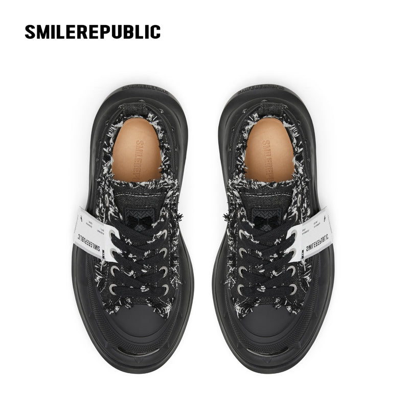 Black Frayed Canvas Smile Toe Chunky Platform Sneakers, Unisex Low Top