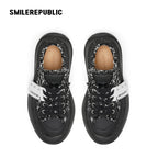 Black Frayed Canvas Smile Toe Chunky Platform Sneakers, Unisex Low Top - view 6