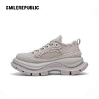 Light Gray Frayed Canvas Smile Toe Chunky Platform Sneakers, Low Top