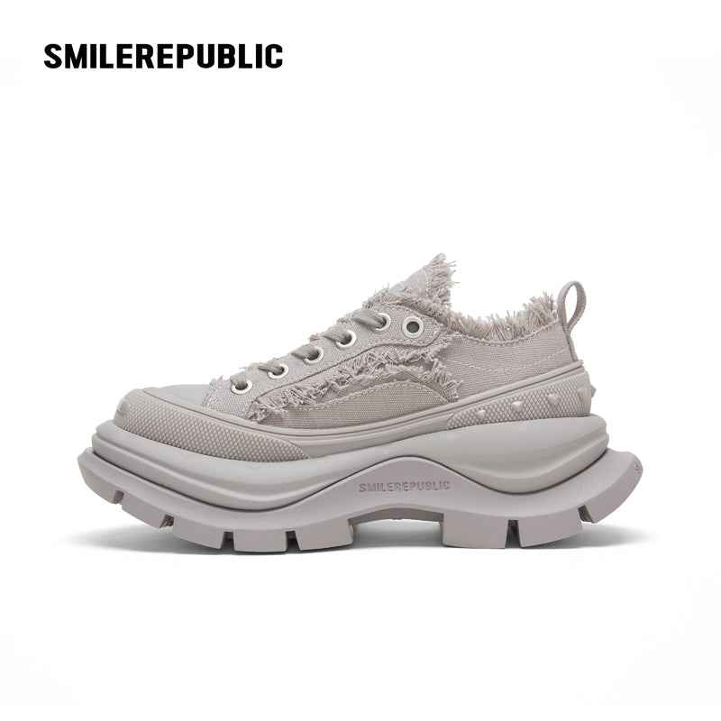 Light Gray Frayed Canvas Smile Toe Chunky Platform Sneakers, Low Top