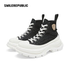 Black Canvas High Top Platform Sneakers, Unisex Chunky Lace Up Shoes