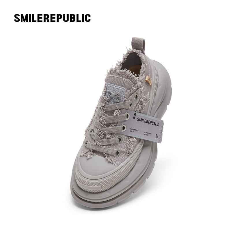 Light Gray Frayed Canvas Smile Toe Chunky Platform Sneakers, Low Top
