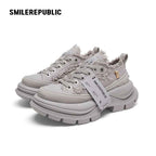 Light Gray Frayed Canvas Smile Toe Chunky Platform Sneakers, Low Top