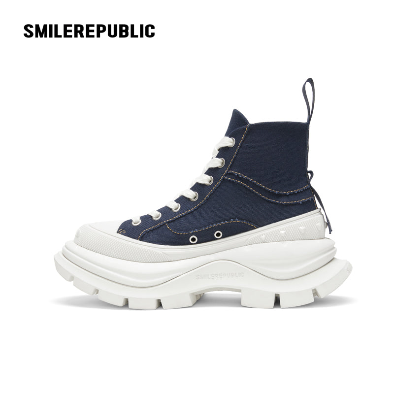 Navy Blue Smile Toe Canvas Chunky Platform High Top Lace Up Sneakers