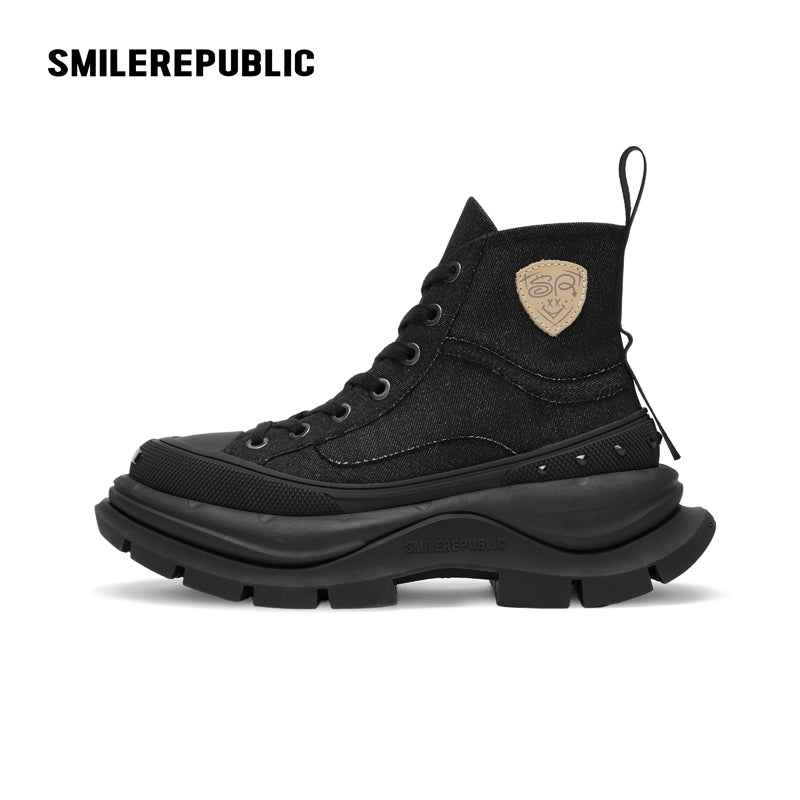 Black Smile Toe Canvas Chunky Platform Sneakers, Unisex High Top Lace