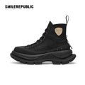 Black Smile Toe Canvas Chunky Platform Sneakers, Unisex High Top Lace