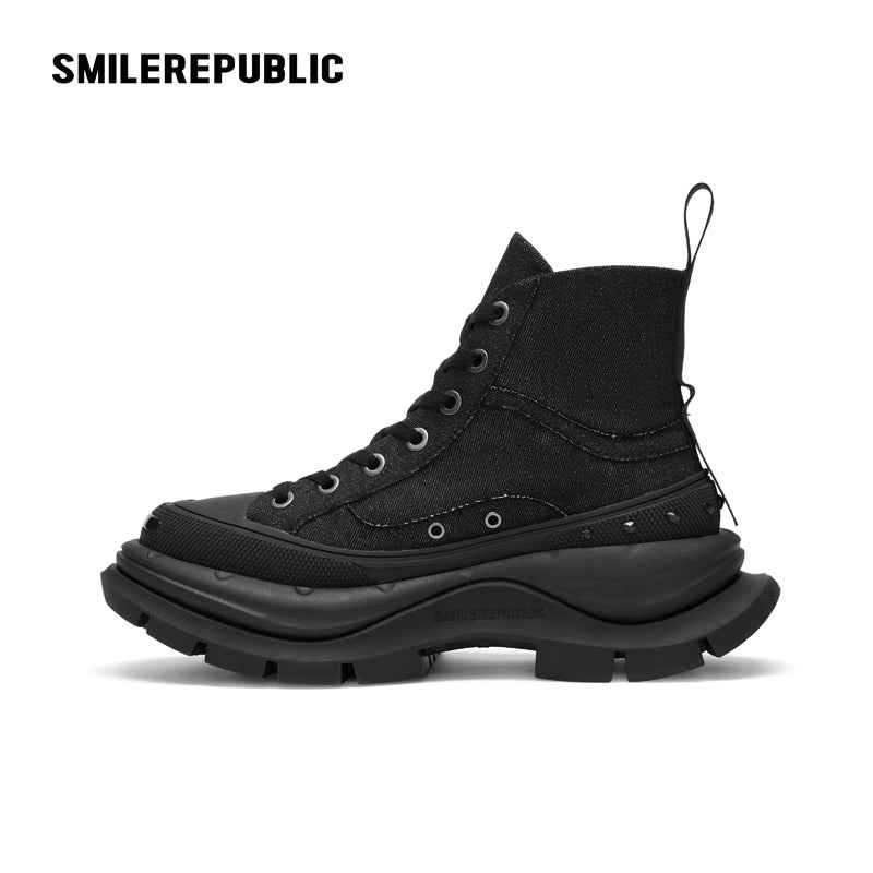 Black Smile Toe Canvas Chunky Platform Sneakers, Unisex High Top Lace
