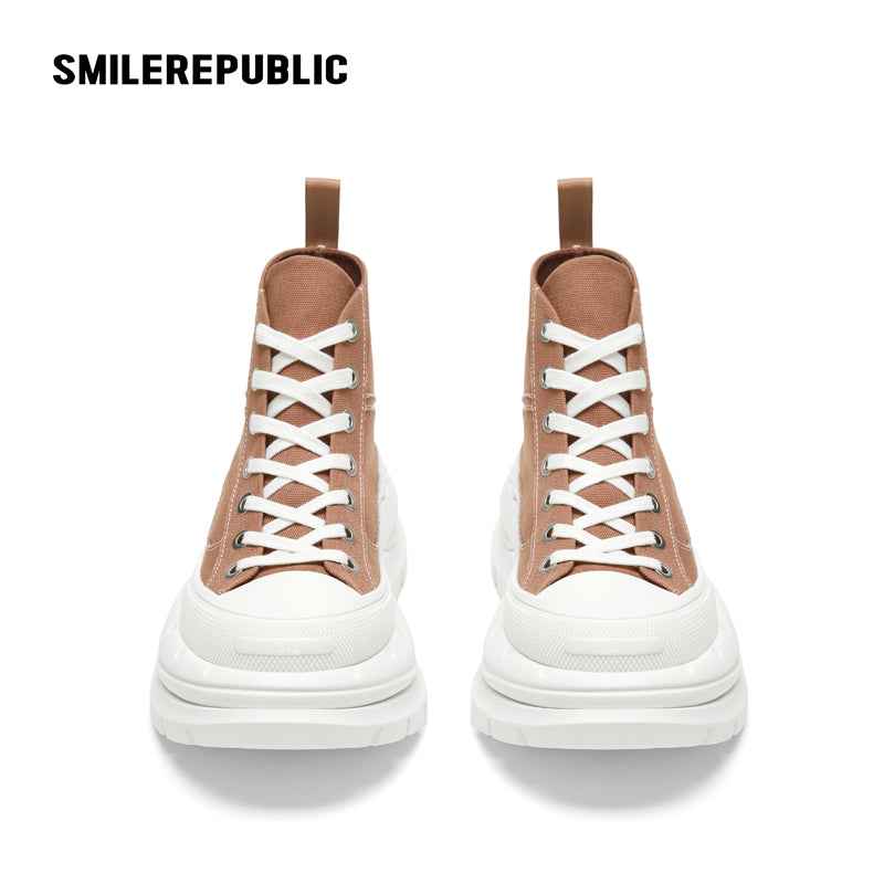 Khaki Canvas Smile Toe Chunky Platform Sneakers, Unisex High Top Lace Up Shoes